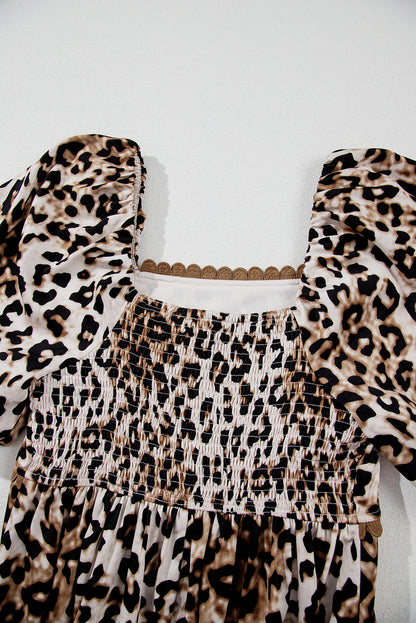 Leopard Print Bubble Sleeve Square Neck Maxi Dress | Brown