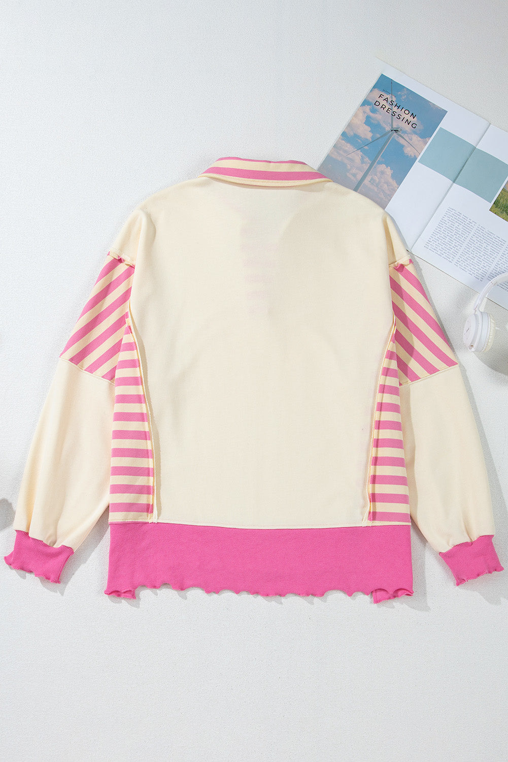 Patchwork Sequin Heart Pattern Long Sleeve Collared Split Top | Pink Stripe