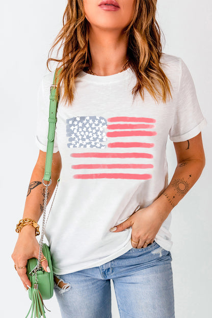 American Flag Pattern Crew Neck Short Sleeve Tee | White