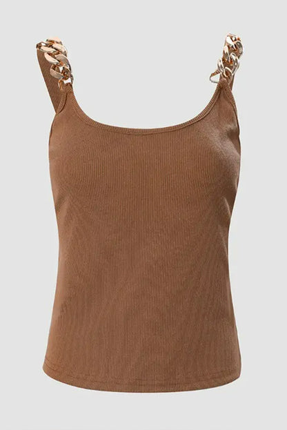 Gold Chain Straps Rib Knit Tank Top | Brown