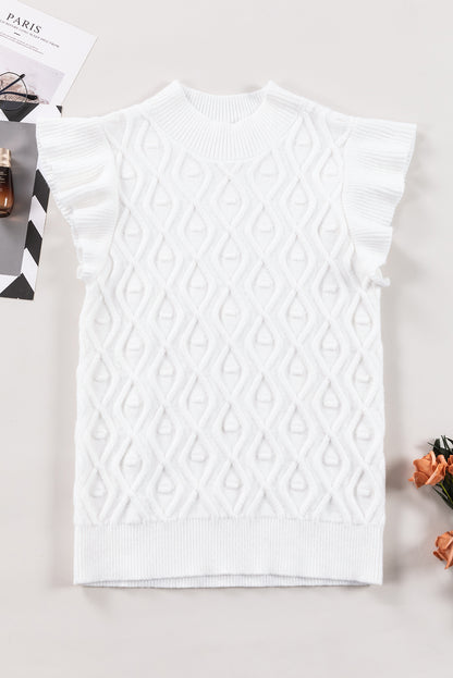 Textured Ruffled Mock Neck Knitted Vest | White