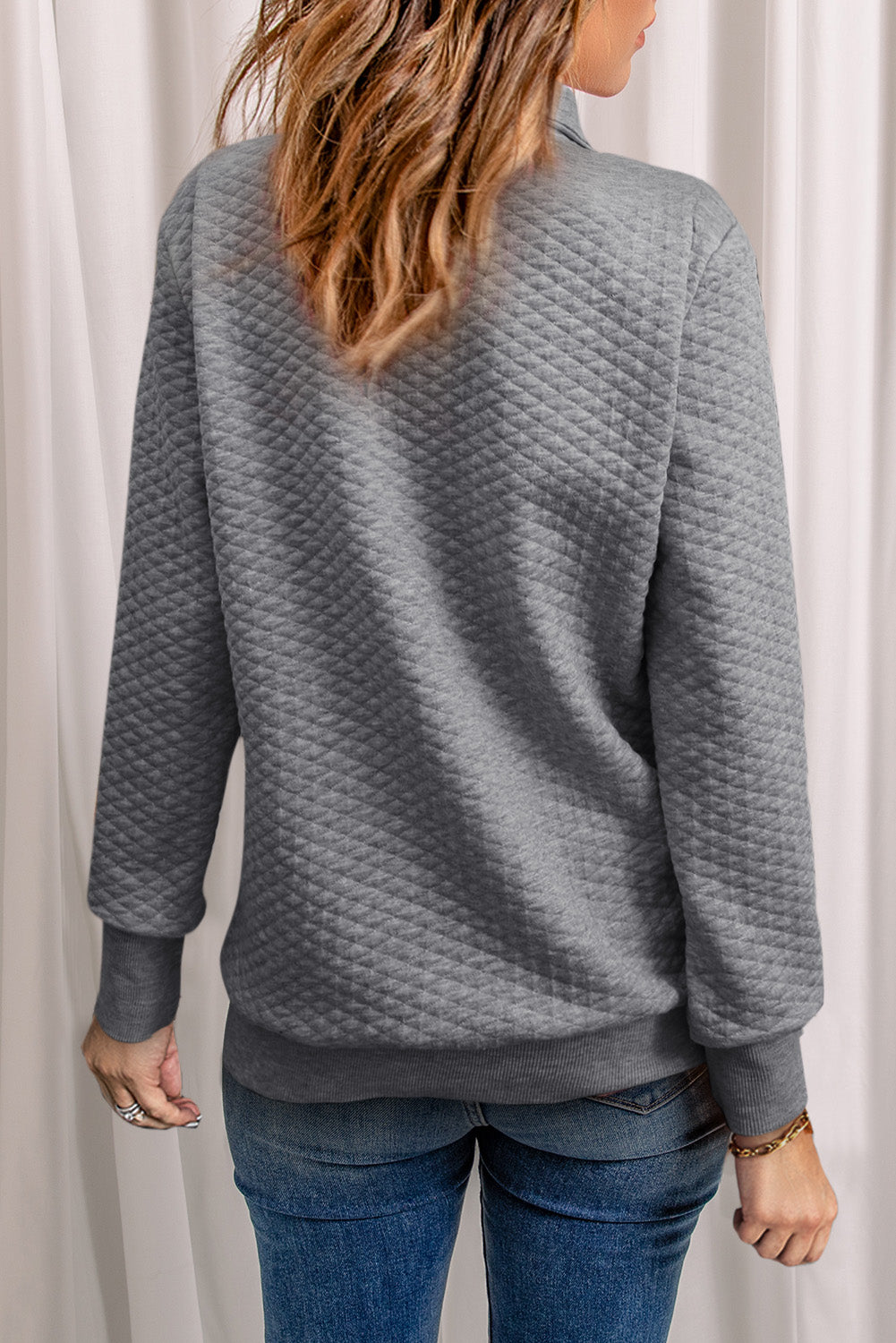 Dark  Quilted Snaps Stand Neck Sweatshirt With Fake Front Pocket | Gray