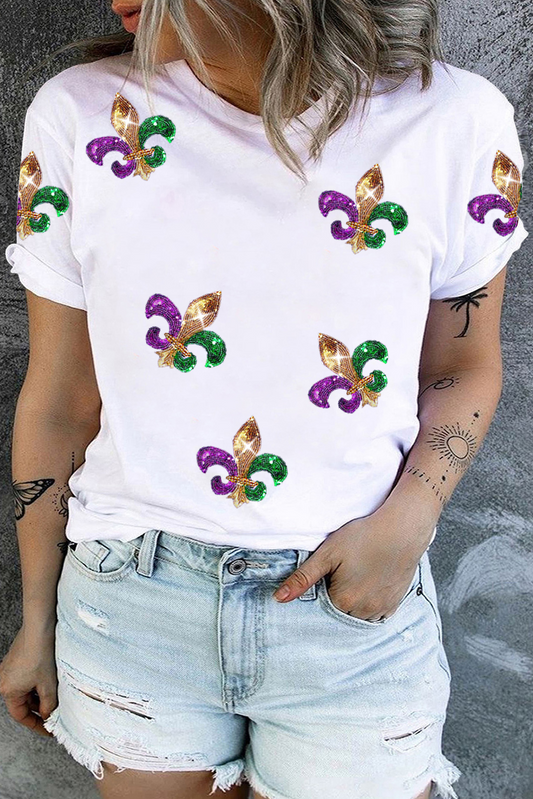 White Plus Size Glitter Fleur De Lis Patch Mardi Gras T-shirt