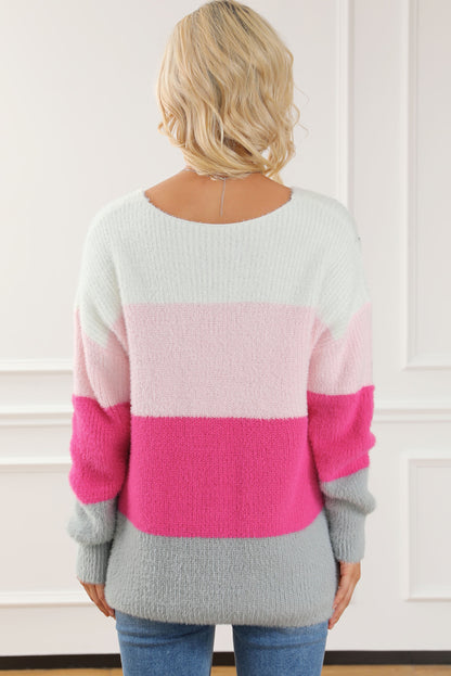 Striped Colour Block Fuzzy V Neck Sweater | Stripes