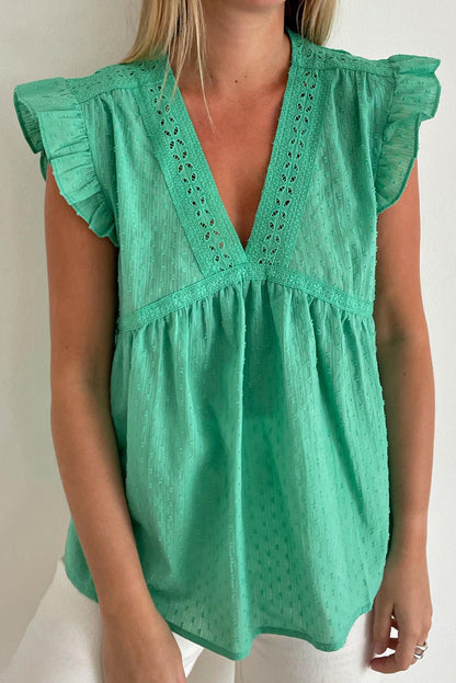 Eyelet V Neckline Ruffle Swiss Dot Top | Green