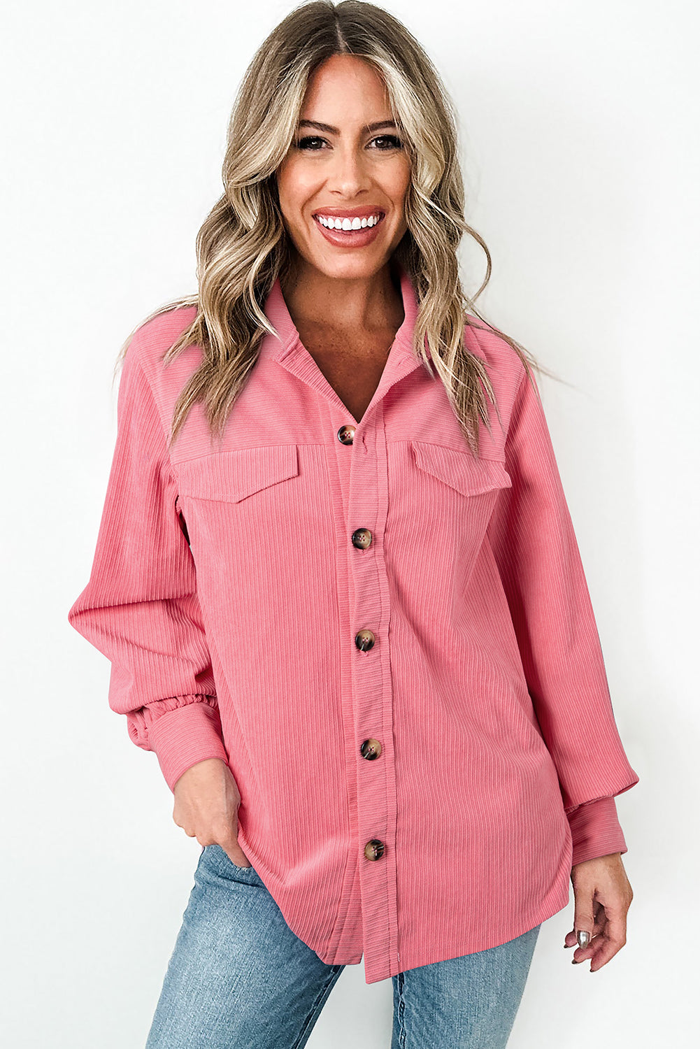 Corduroy Flap Detail Button Up Split Shacket | Bonbon