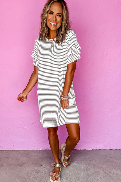 Ruffled Short Sleeve Crew Neck T Shirt Shift Mini Dress | White Stripe