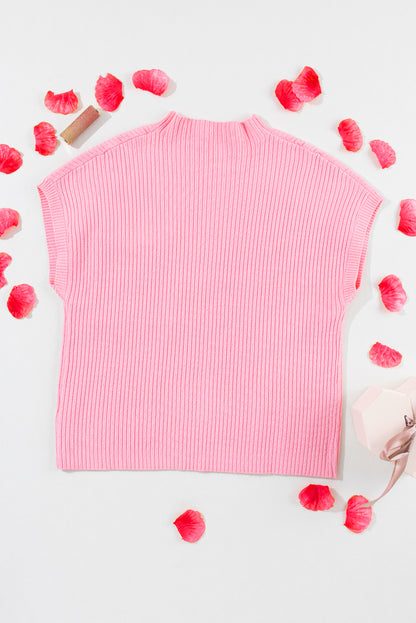 Patch Pocket Ribbed Knit Short Sleeve Sweater | Pink