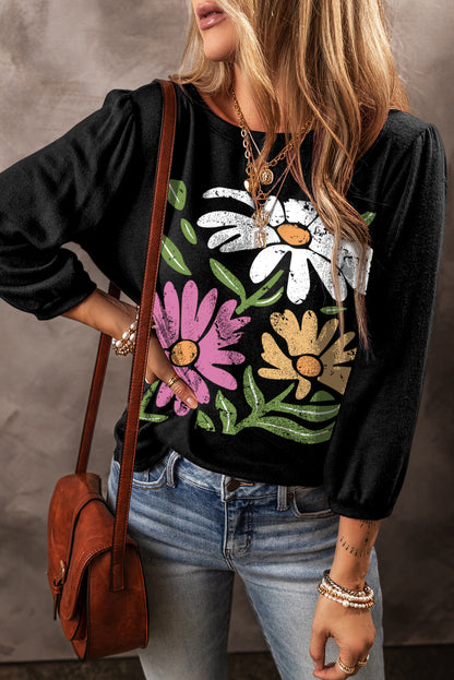 Flower Print Bracelet Sleeve Round Neck Top | Black