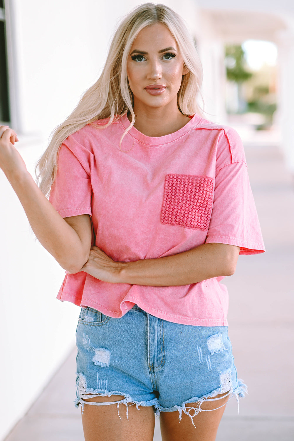 Acid Wash Lace Patch Pocket T-Shirt | Pink