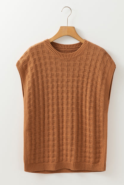 Round Neck Textured Knit Sweater Vest | Camel