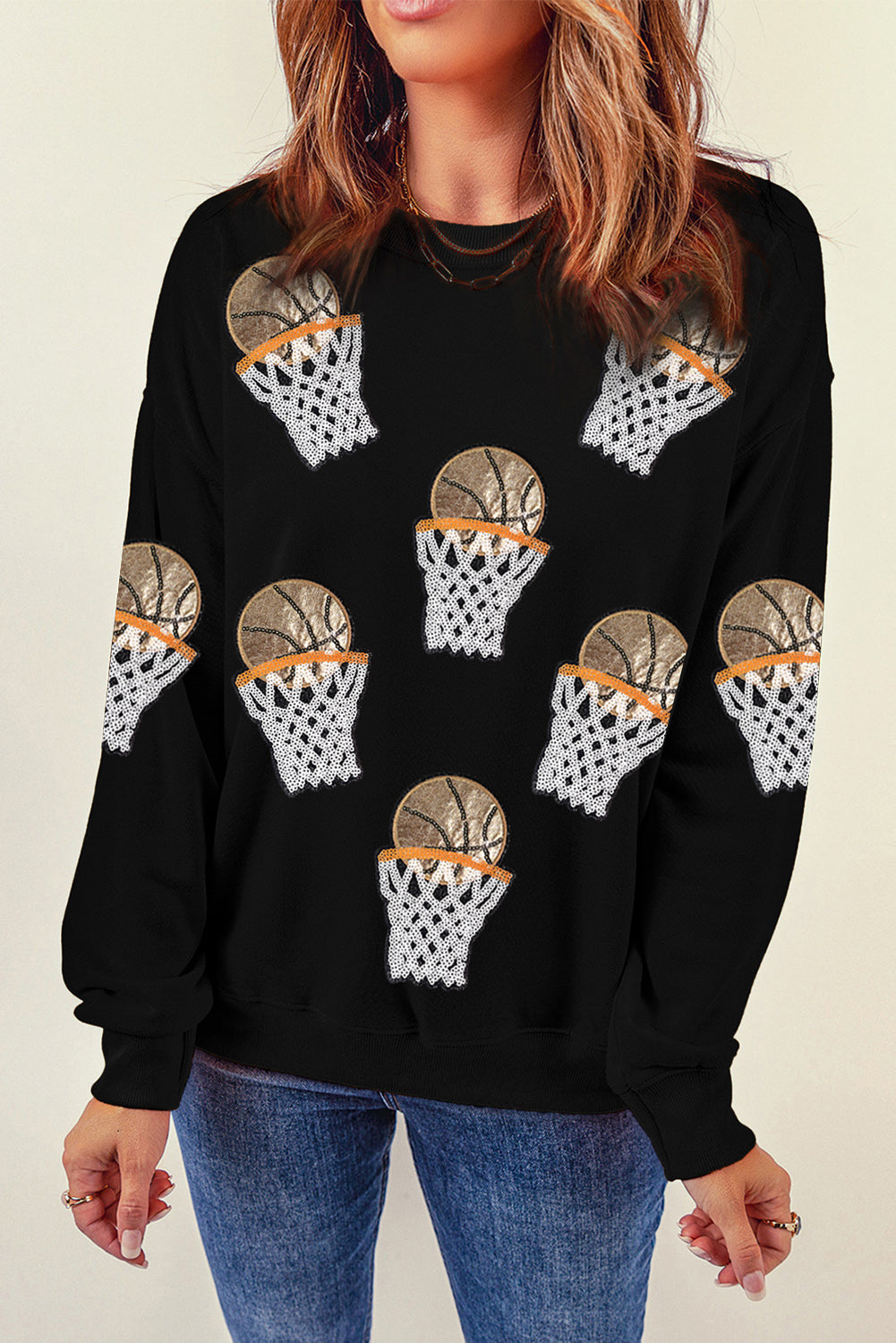 Basketball Patched Game Day Crew Neck Graphic Sweatshirt | Black