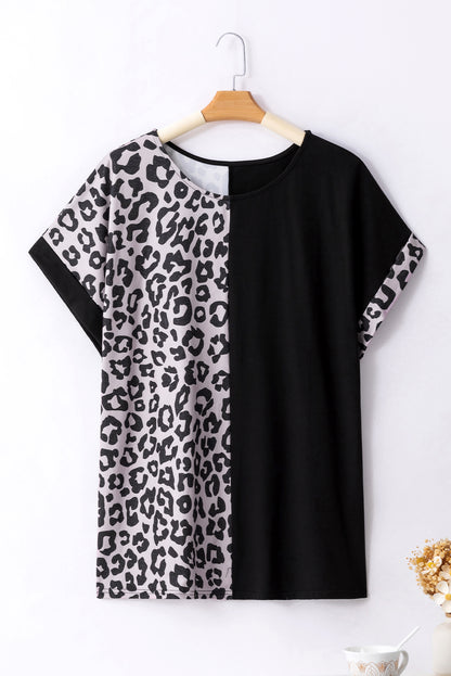 Half Leopard Patchwork Plus Size T-Shirt | Black