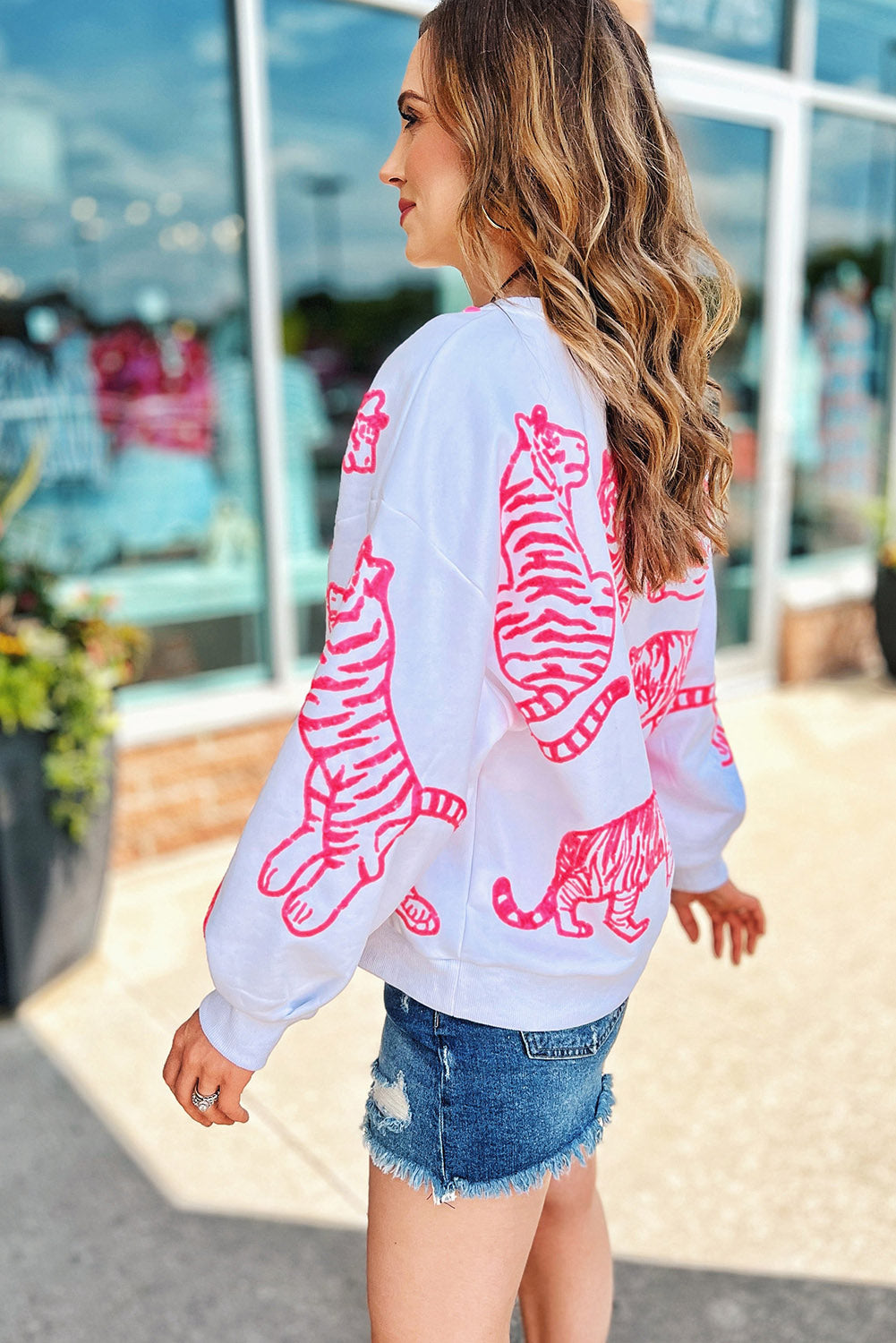 Pink Animal Print Pullover Sweatshirt | Bright White