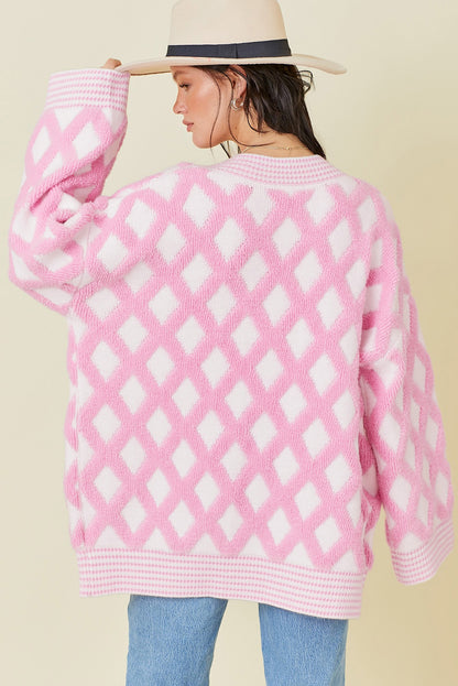 Rhombus Pattern Knit Open Front Pocketed Cardigans | Pink