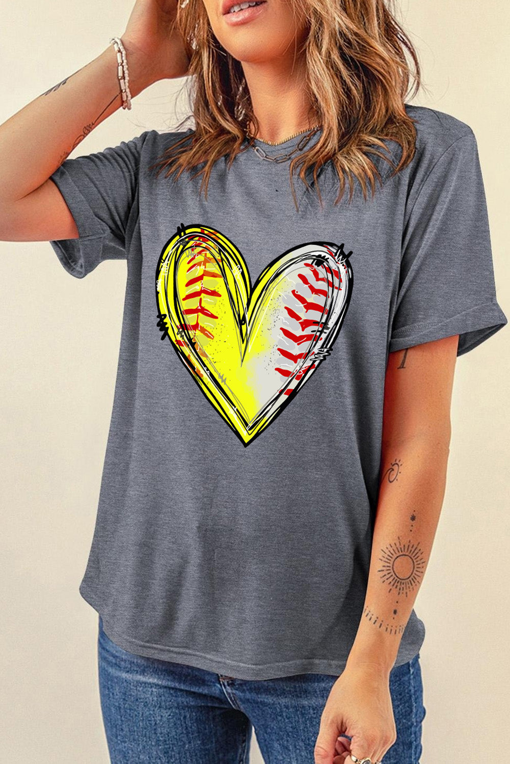 Baseball Heart Shape Print Crew Neck T Shirt | Gray