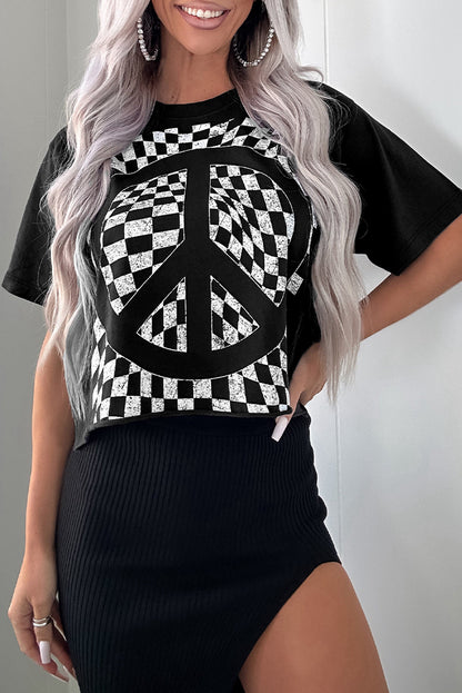 Checkerboard Peace Sign Printed Round Neck T Shirt | Black