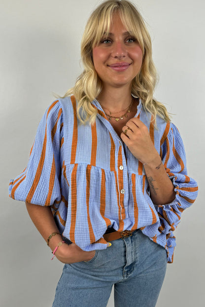 Crinckled Ruffled Sleeve Button Up Loose Shirt | Sky Blue Stripe