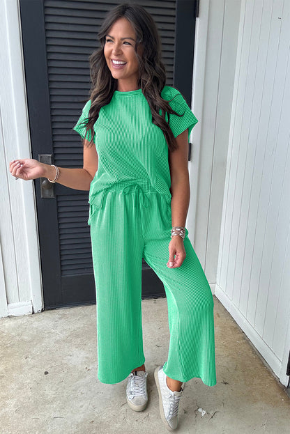 Solid Corded Knit Short Sleeve T Shirt And Wide Leg Pants Set | Bright Green