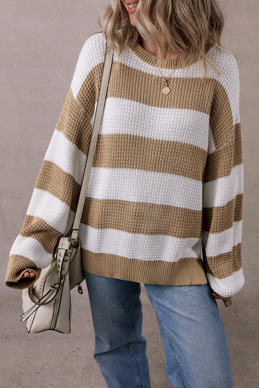 Colourblock Striped Drop Shoulder Side Slit Sweater | Light French Beige