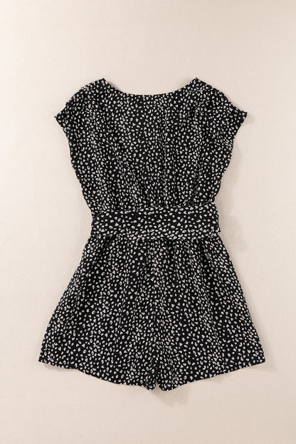 Leopard Print Belted V Neck Short Sleeve Romper | Black