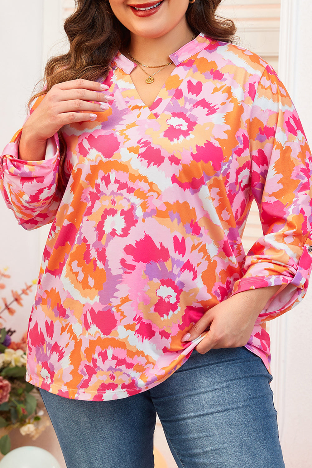 Plus Size Abstract Floral Print V Neck Blouse | Pink