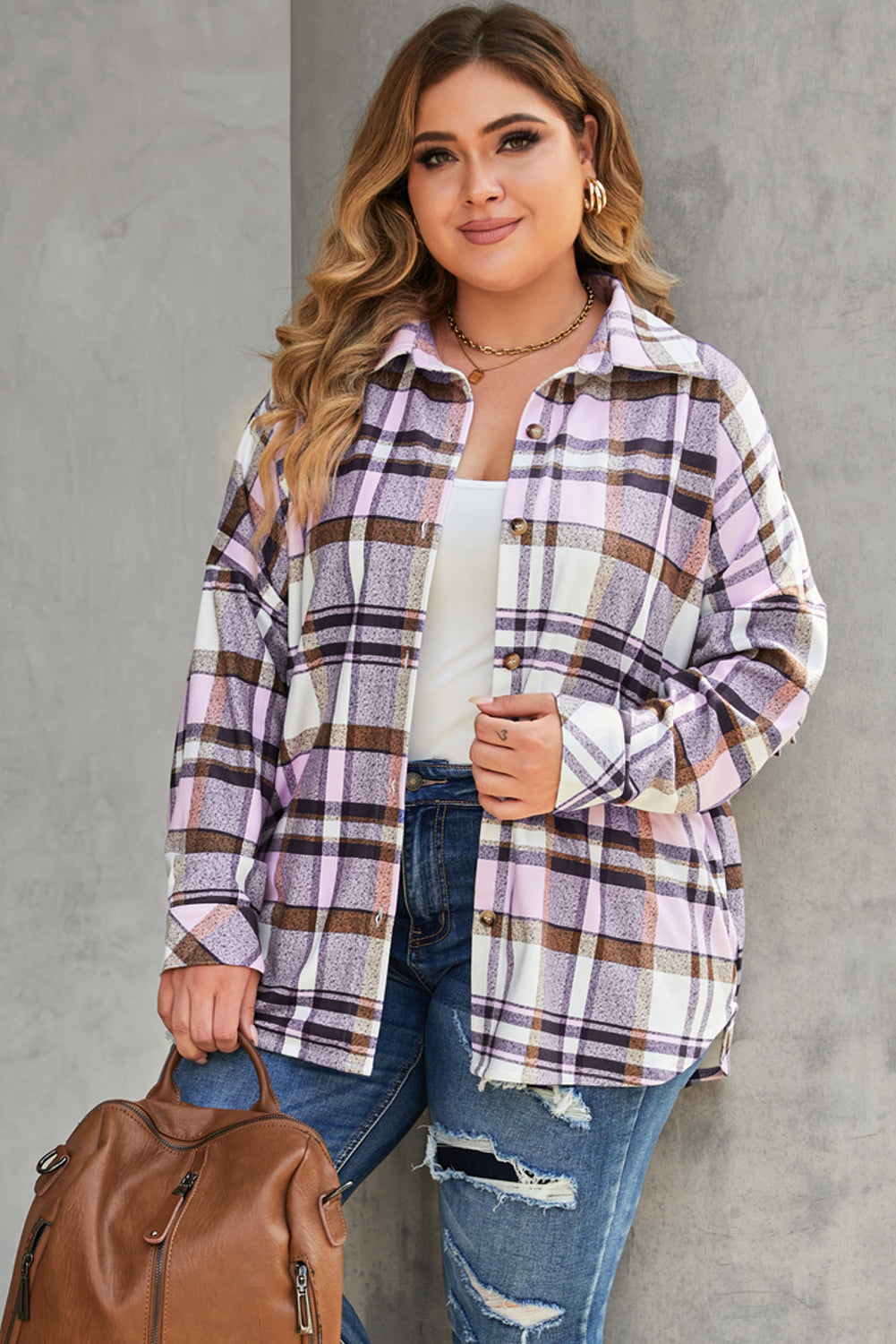 Plus Size Plaid Fringed Back Button Shacket | Pink