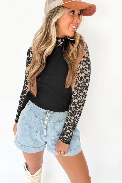 Floral Lace Patchwork Long Sleeve High Neck Slim Top | Black