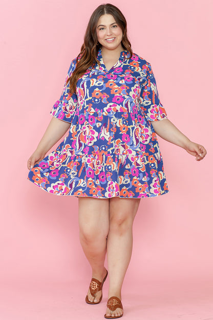 Plus Size Floral Print Ruffled 3/4 Sleeve Mini Dress | Blue