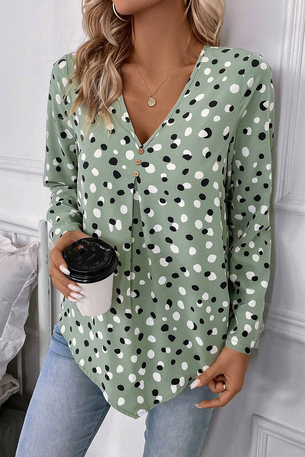 Polka Dot Print Button Front V Neck Blouse | Green