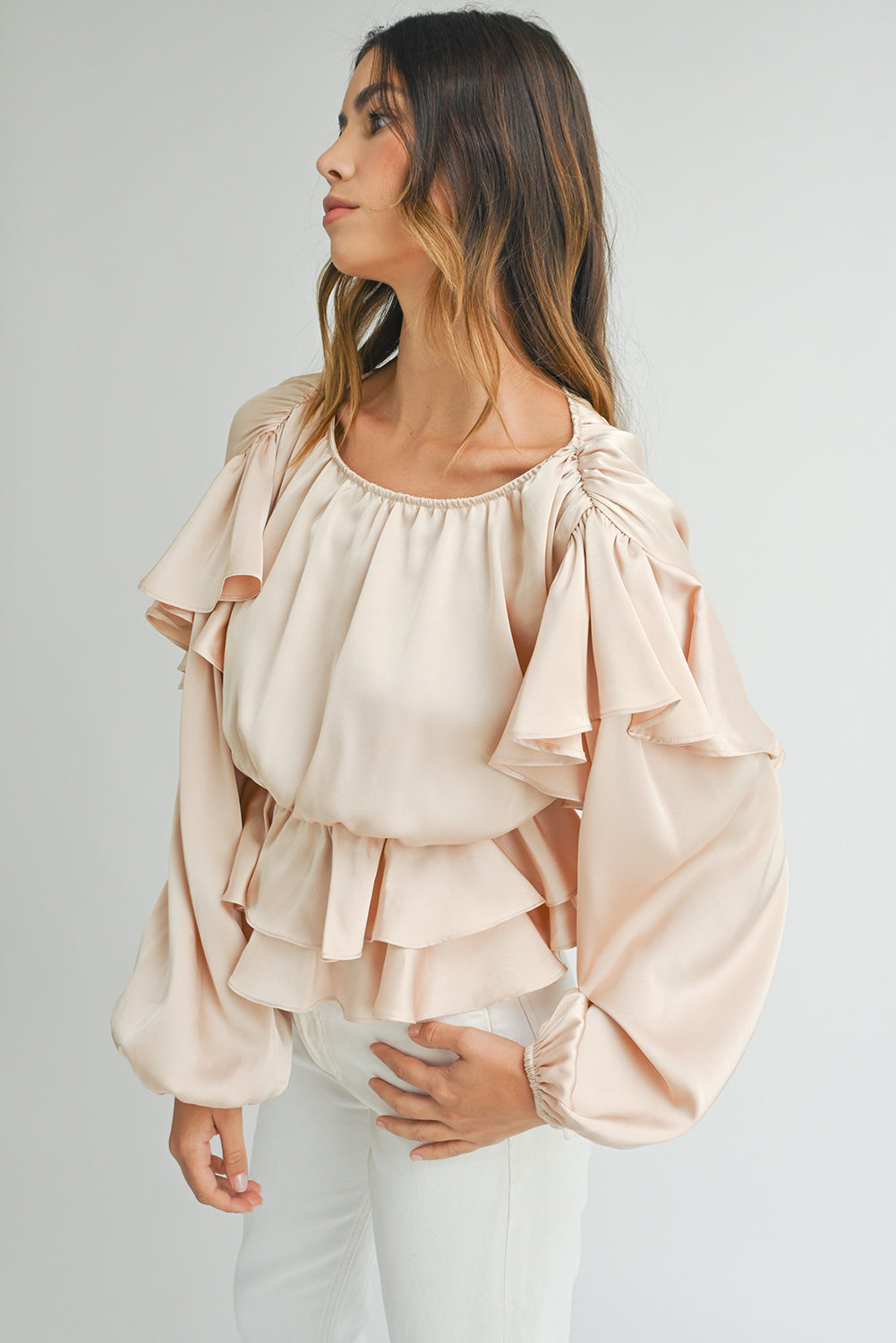 Lace-Up Keyhole Back Ruffled Peplum Blouse | Oatmeal