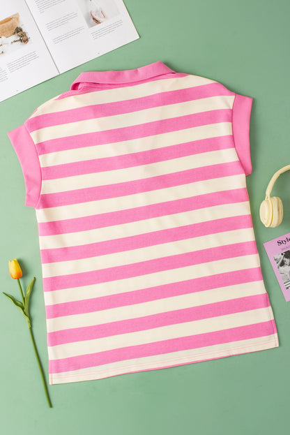 V Neck Collared Cap Sleeve Top | Pink Stripe