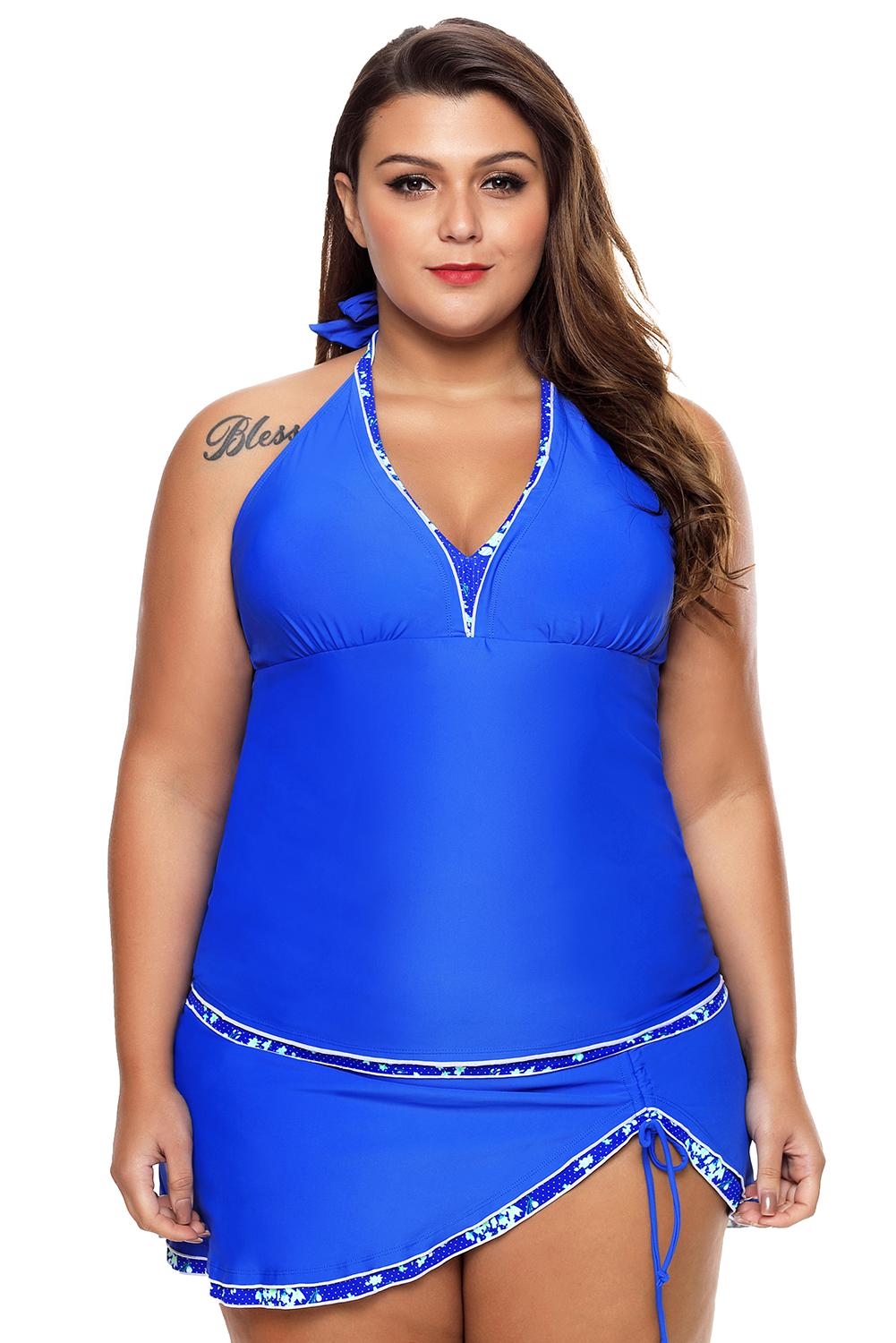 Contrast Trim Tankini Top With Swimsuit Skirt Tankini Set | Sky Blue