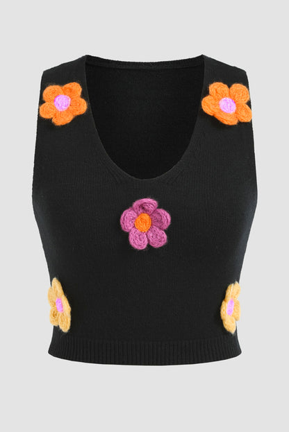 3D Flower Decor Cropped Sweater Vest | Black