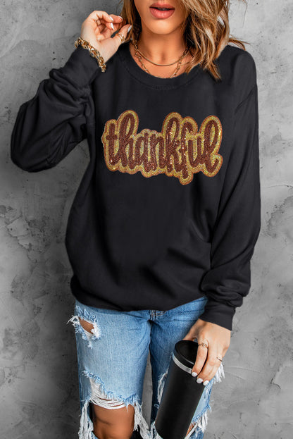 Glittering Thankful Graphic Drop Shoulder Sweatshirt | Black