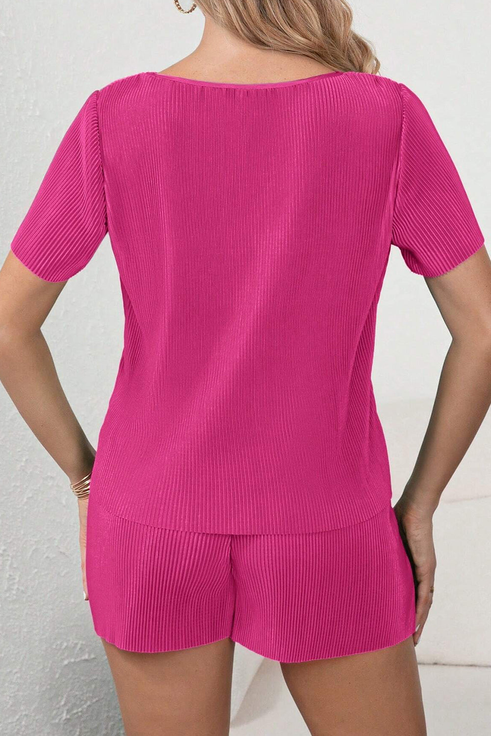 Casual Pleated Short Two-Piece Set | Bright Pink