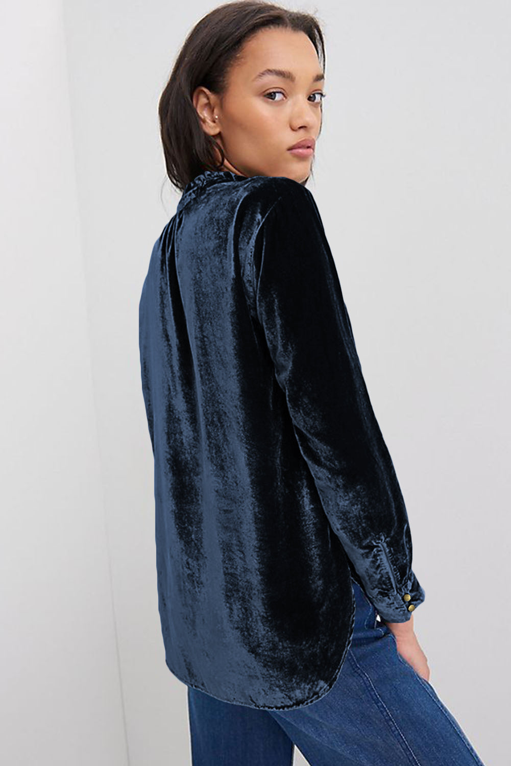 Frilled Neck Buttoned Front Velvet Top | Navy Blue