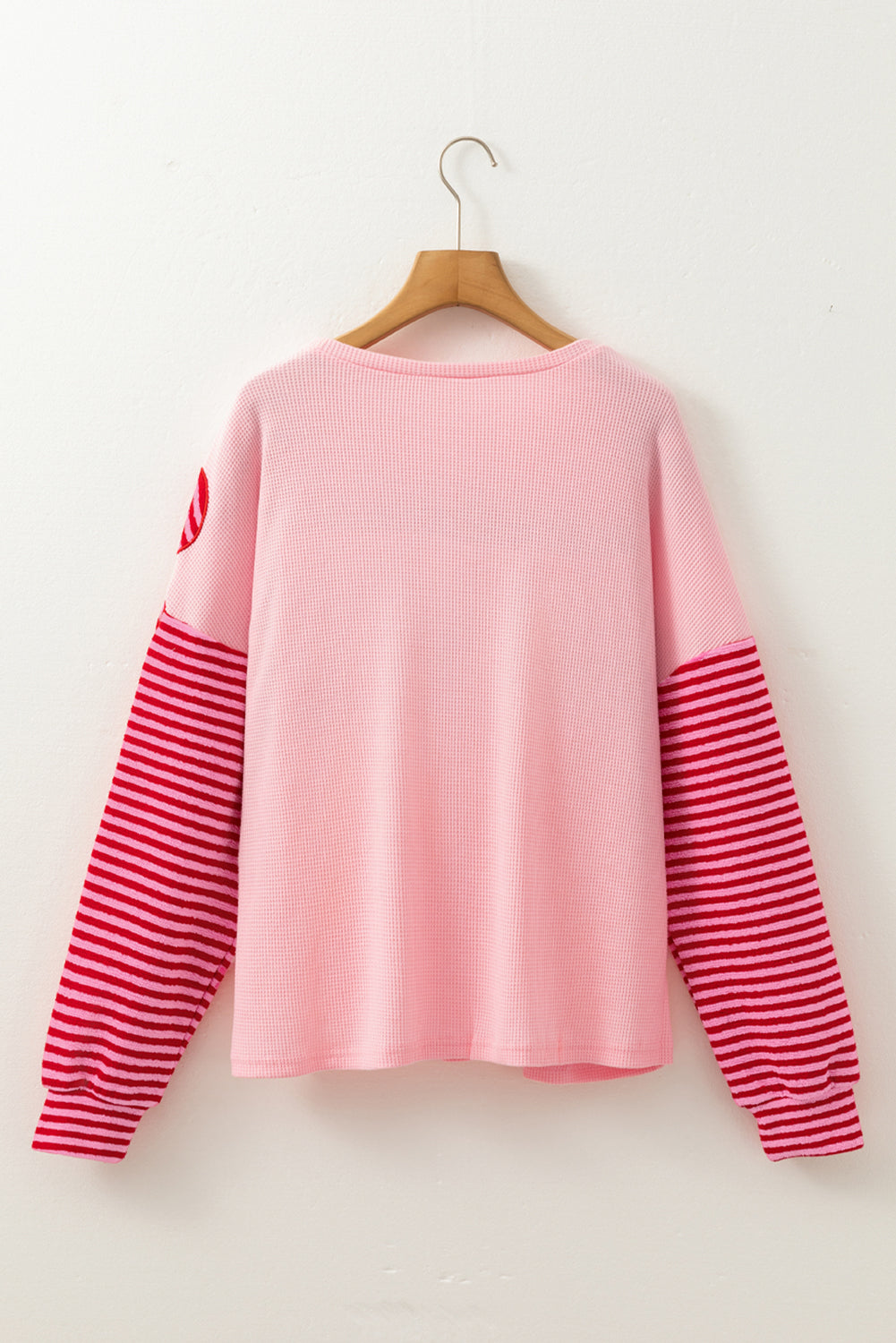 Floral Patch Colour Block Striped Sleeve Textured Top | Pink