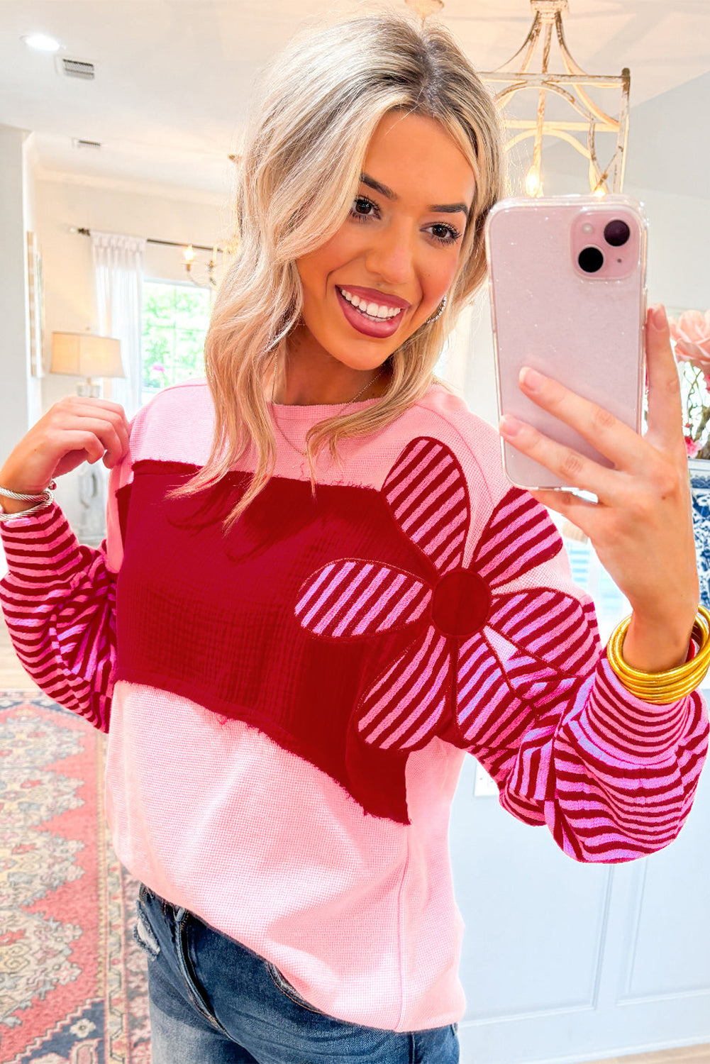 Floral Patch Colour Block Striped Sleeve Textured Top | Pink