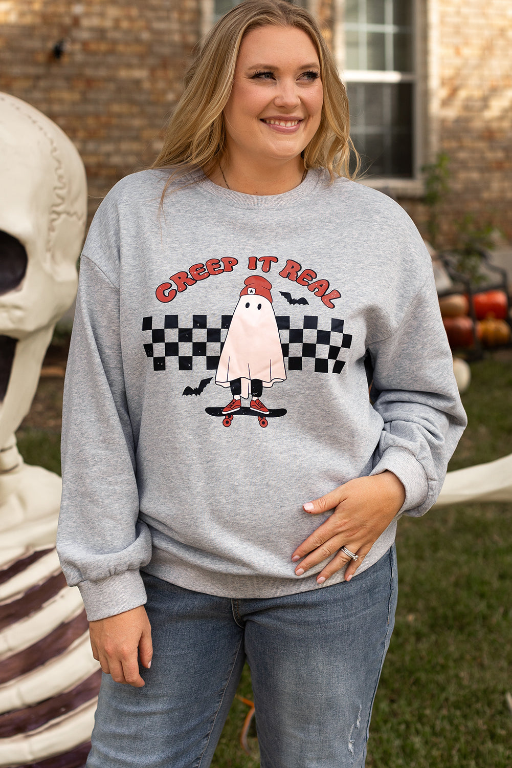 Creep It Real Ghost Print Plus Size Sweatshirt | Light Grey