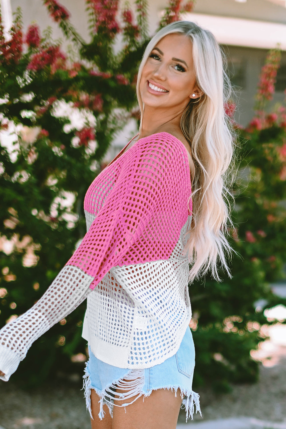 Colour Block Eyelet Long Sleeve Twisted Back Knit Top | Pink