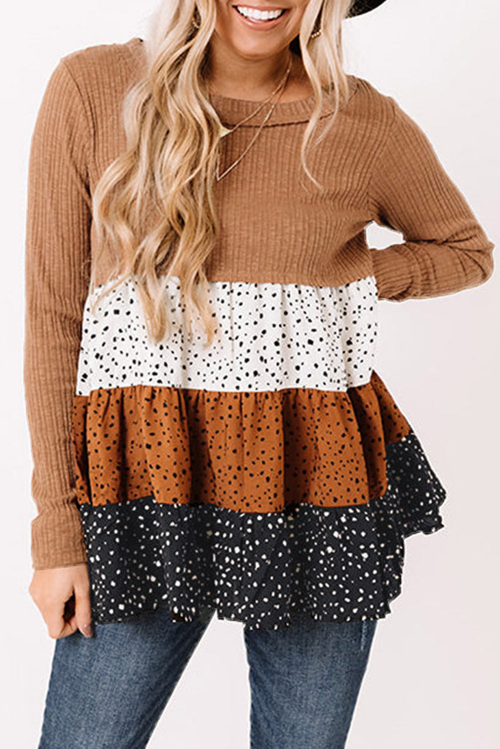 Ribbed Long Sleeve Dotted Tiered Ruffled Flowy Top | Brown