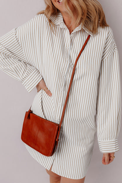 Long Sleeve Button Up Mini Shirt Dress | Khaki Stripe