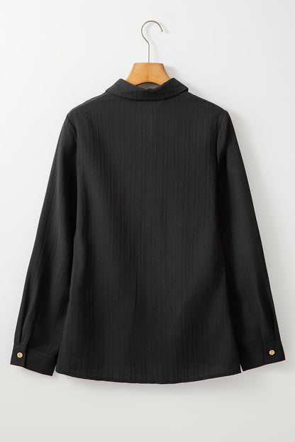 Solid Colour Textured Buttoned Turn Down Collar Shirt | Black