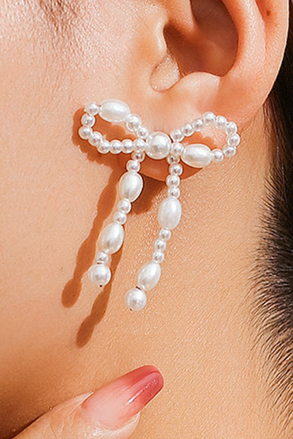 Pearl Beaded Bowknot Studded Earrings | White