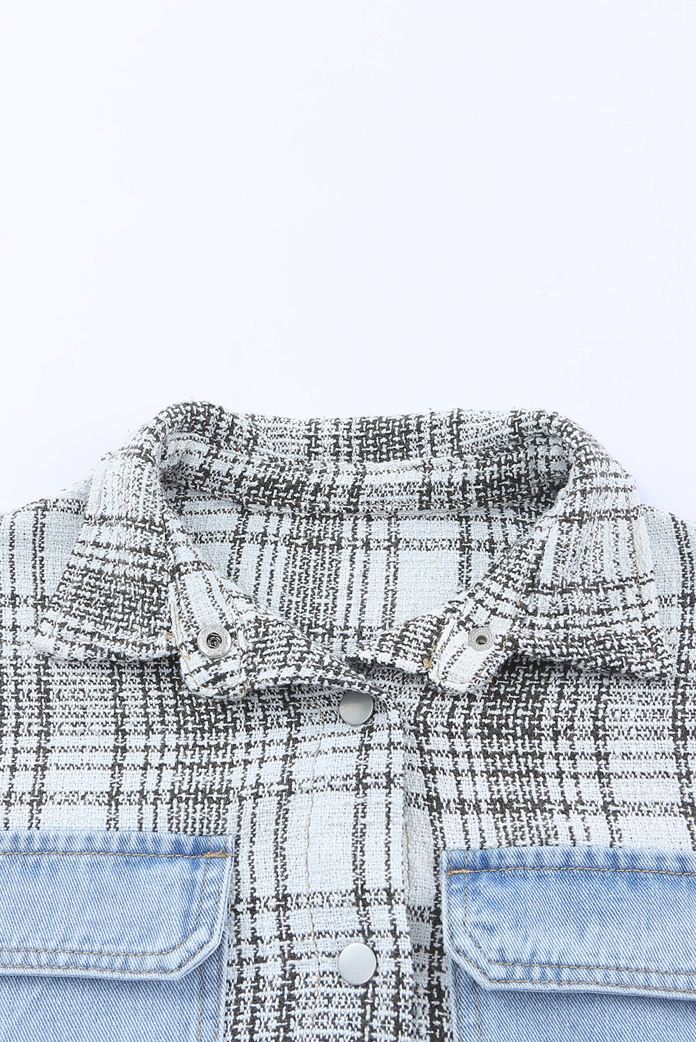 Plaid Patchwork Fringed Flap Pockets Denim Jacket | Sky Blue