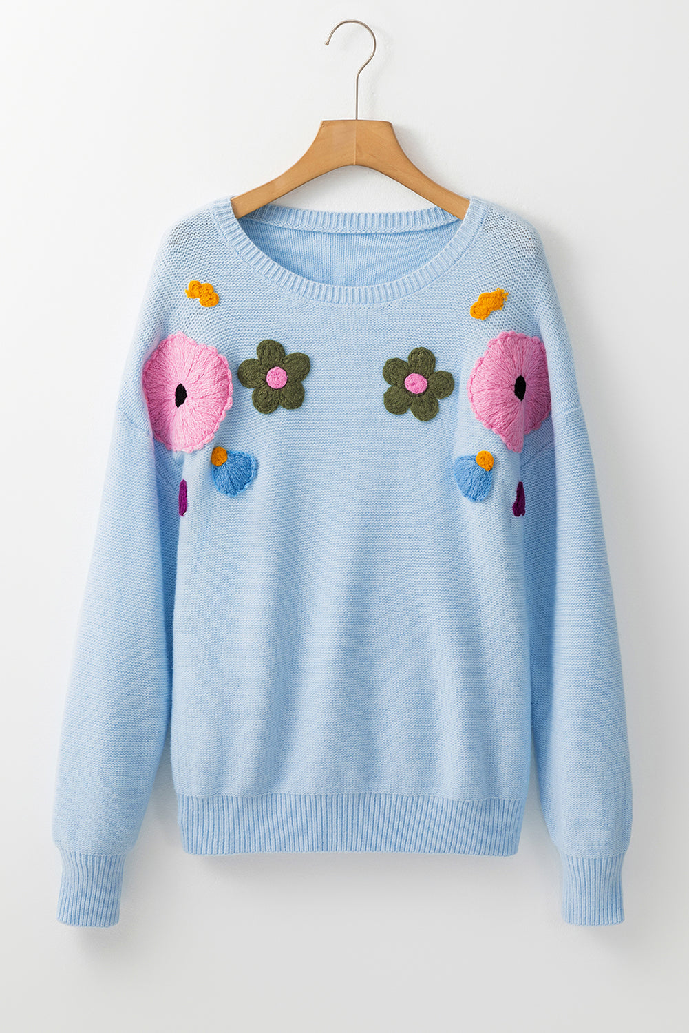 Knitted Flower Pattern Ribbed Edge Sweater | Light Blue