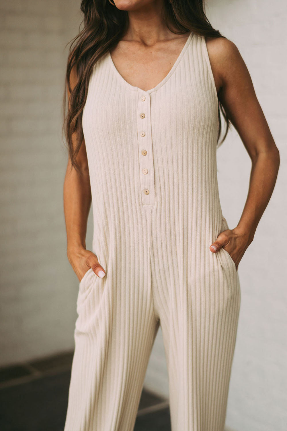 Sleeveless Buttoned Ribbed Wide Leg Jumpsuit With Pockets | Apricot