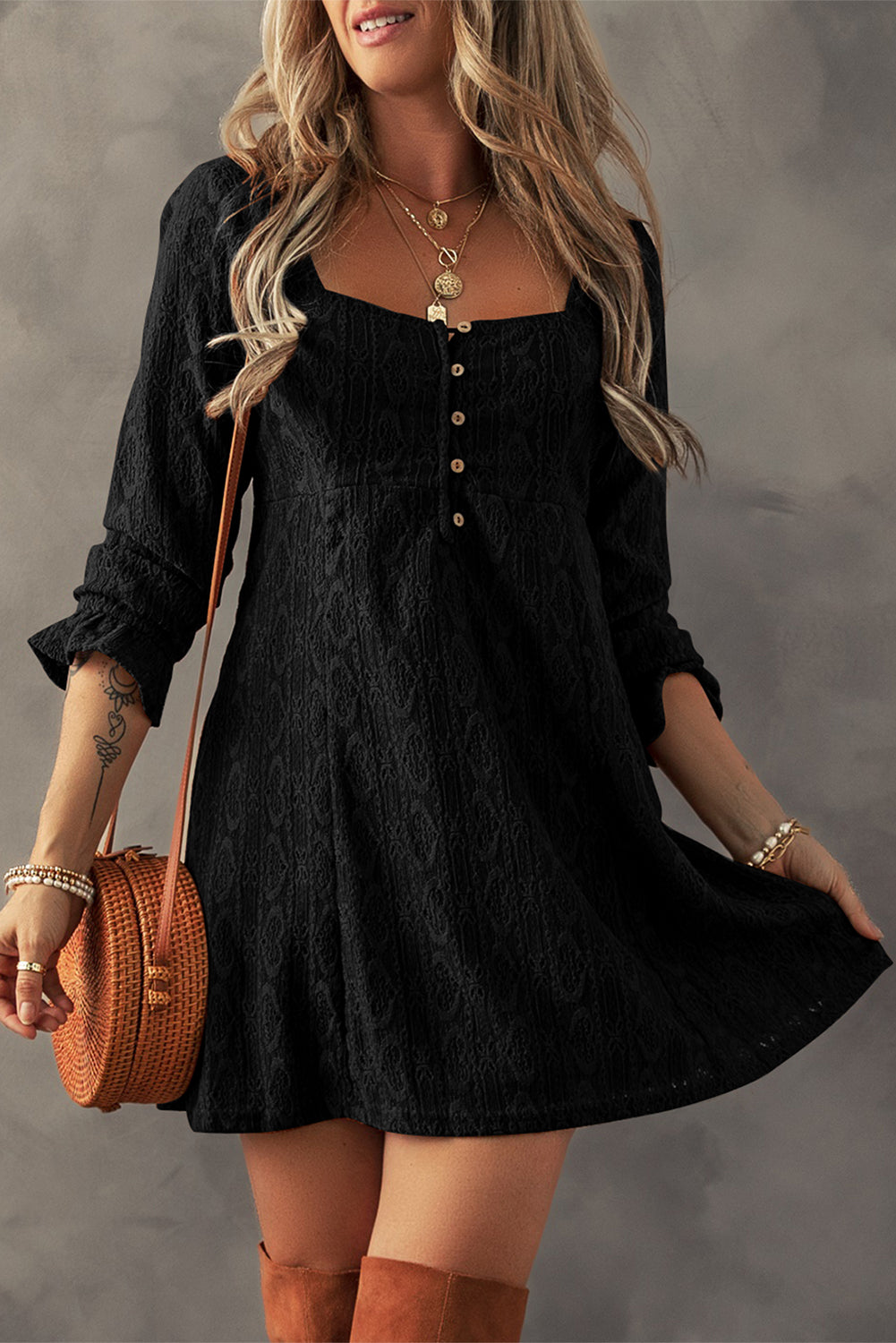 Lace Crochet Buttoned Square Neck Shift Mini Dress | Black