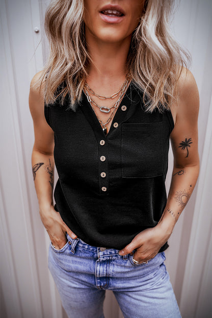 Half Button V Neck Patched Pocket Tank Top | Black